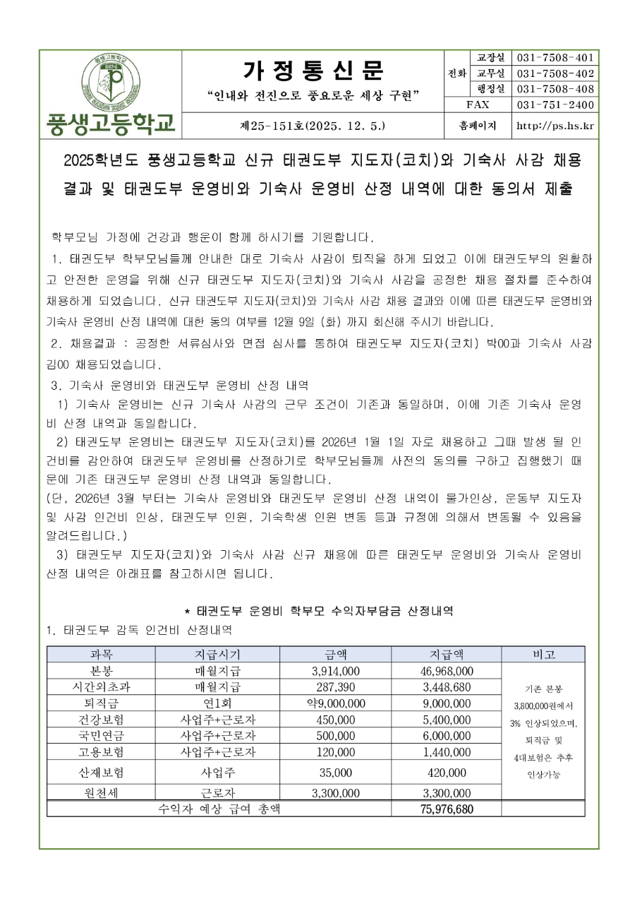 2025학년도 풍생고등학교 신규 태권도부 지도자(코치)와 기숙사 사감 채용 결과 및 태권도부 운영비와 기숙사 운영비 산정 내역에 대한 동의서 제출_page-0001.jpg